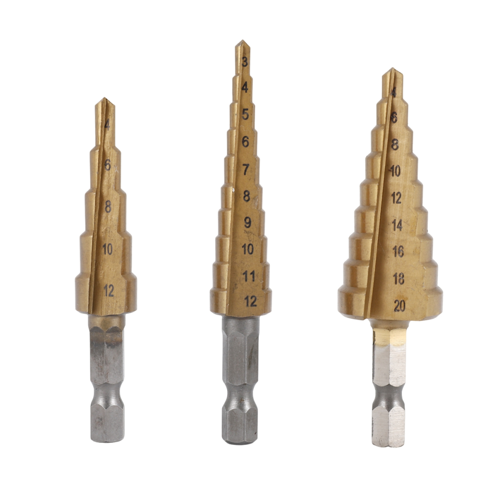 Step Drill Bit 3Pcs Hss Step Drill Bit Set Cone Hole Cutter Gold 4851870020010