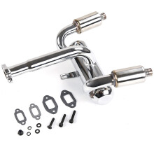Tubo de escape duplo CNC Metal 2X com silenciador para 1/5 Rovan Baja