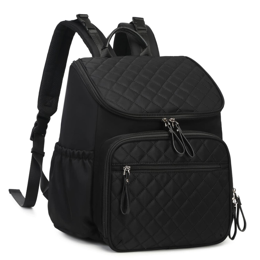 (Black) Large Capacity Diaper Bag With Stroller Buckle, Water-Resistant Travel Backpack With Insulated Pockets Black