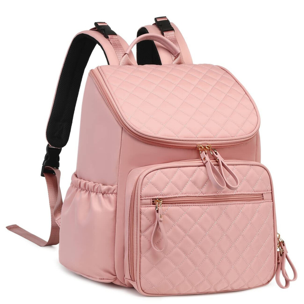 (Pink) Large Capacity Diaper Bag With Stroller Buckle, Water-Resistant Travel Backpack With Insulated Pockets Pink