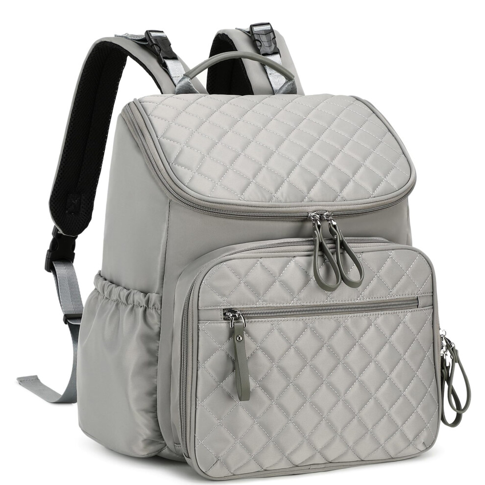 (Gray) Large Capacity Diaper Bag With Stroller Buckle, Water-Resistant Travel Backpack With Insulated Pockets Gray