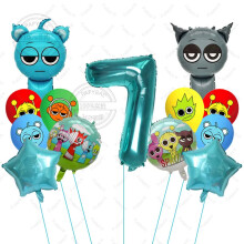 (7, AS PICTURE) 13pcs Sprunki Tiffany Blue Cartoon Foil Balloons - Colorful Rhythm Box Theme for Birthday, Baby Shower Parties