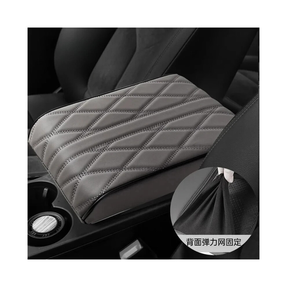 (Gris) Tapis d'accoudoir de voiture en cuir PU brodé Wave, coussin de protection pour accoudoir central