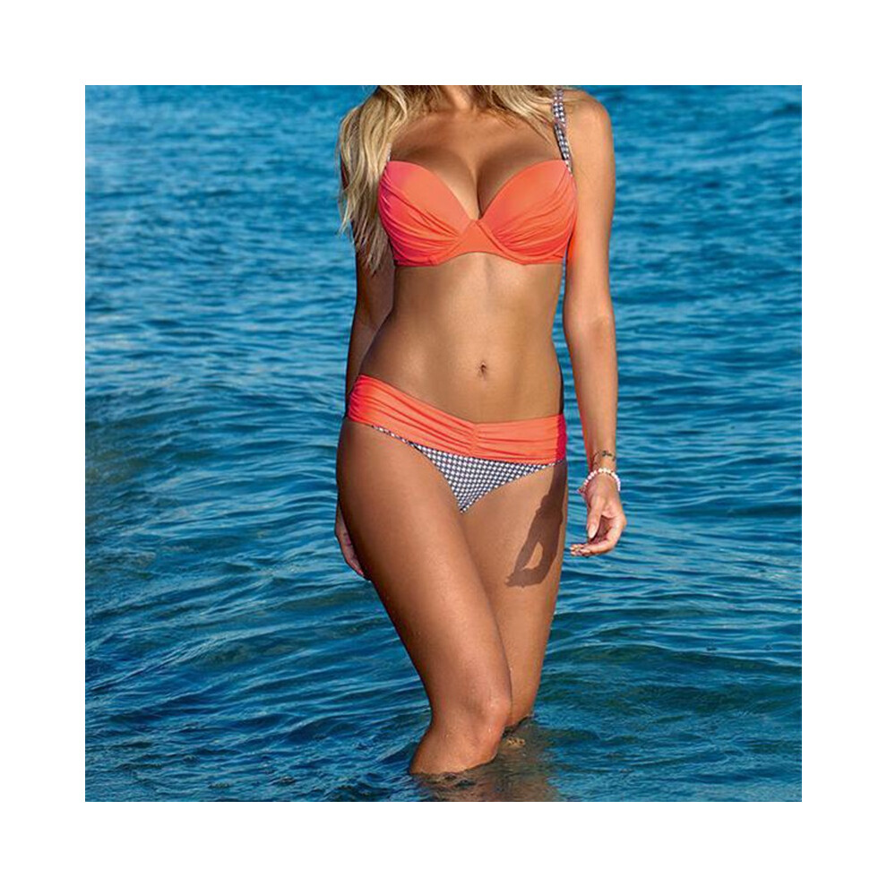 (Orange&Plaid, Sï¼Tag S=US XXSï¼) Sexy Swimsuit Women Beach Bikini Swimsuit Swimwear Bathing Patchwork Padded Set-image-OPC-PGZ8FZP-NEW