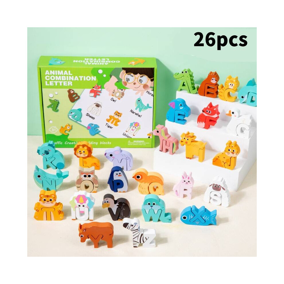 (Animal ) Animal Wooden Alphabet Blocks Educational Puzzle Toy Skill Preschool Development