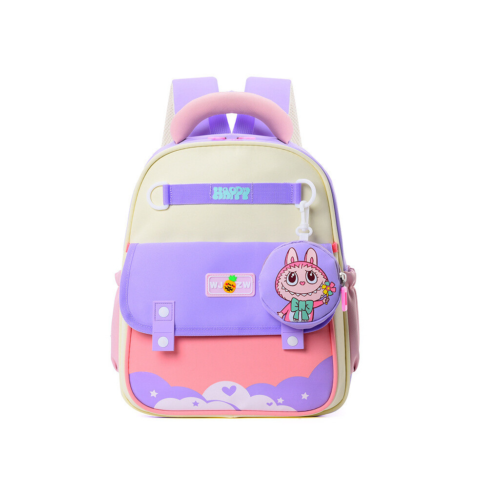 (Purple) Spliced Labubu Printed Color Children Backpack Casual Outdoor Schoolbag Trendy