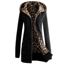 (Black, M) Zip Womens Hooded Coat Winter Warm Leopard Hoodie Parka Jacket Trench Outerwear