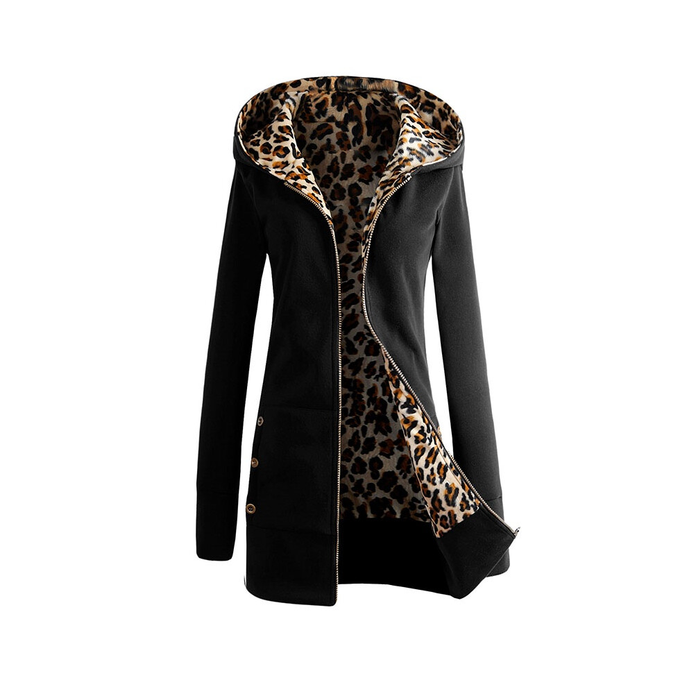 (Black, L) Zip Womens Hooded Coat Winter Warm Leopard Hoodie Parka Jacket Trench Outerwear
