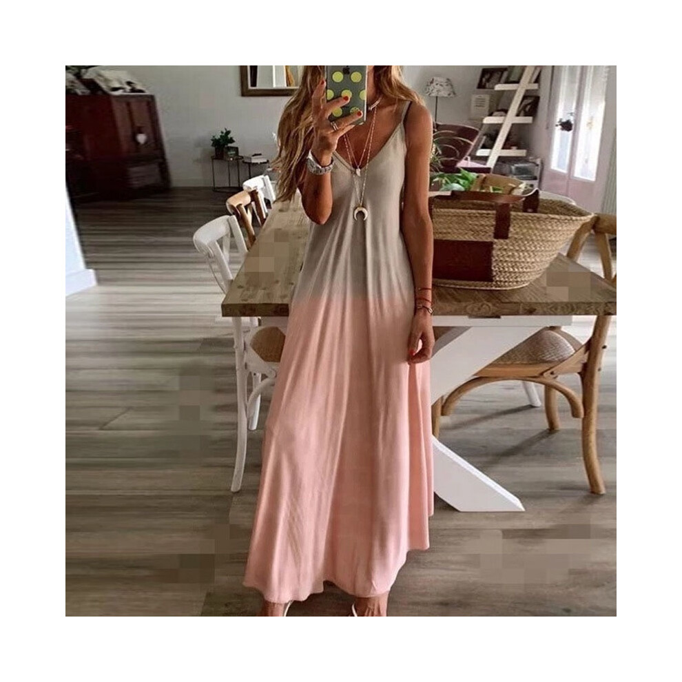 (Pink, XL) Women Summer Beach Kaftan Dress Boho Sleeveless V Neck Maxi Tank Size Dress Plus