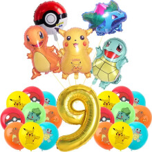(number balloon 9, 12INCH) Pokemon Theme Birthday Party Decoration Supplies Cartoon Pokemon Go Tableware Cups Plates Pikachu Balloon For Baby Shower Favor