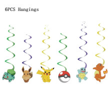 (6pcs hangings, 12INCH) Pokemon Theme Birthday Party Decoration Supplies Cartoon Pokemon Go Tableware Cups Plates Pikachu Balloon For Baby Shower Favor