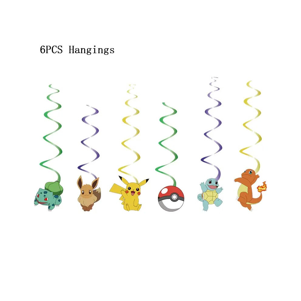 (6pcs hangings, 12INCH) Pokemon Theme Birthday Party Decoration Supplies Cartoon Pokemon Go Tableware Cups Plates Pikachu Balloon For Baby Shower Favor