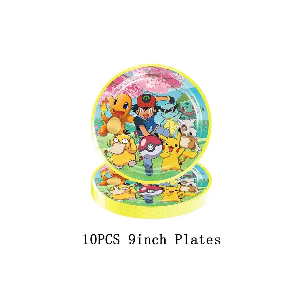 (10pcs 9inch plates, 12INCH) Pokemon Theme Birthday Party Decoration Supplies Cartoon Pokemon Go Tableware Cups Plates Pikachu Balloon For Baby Shower Favor