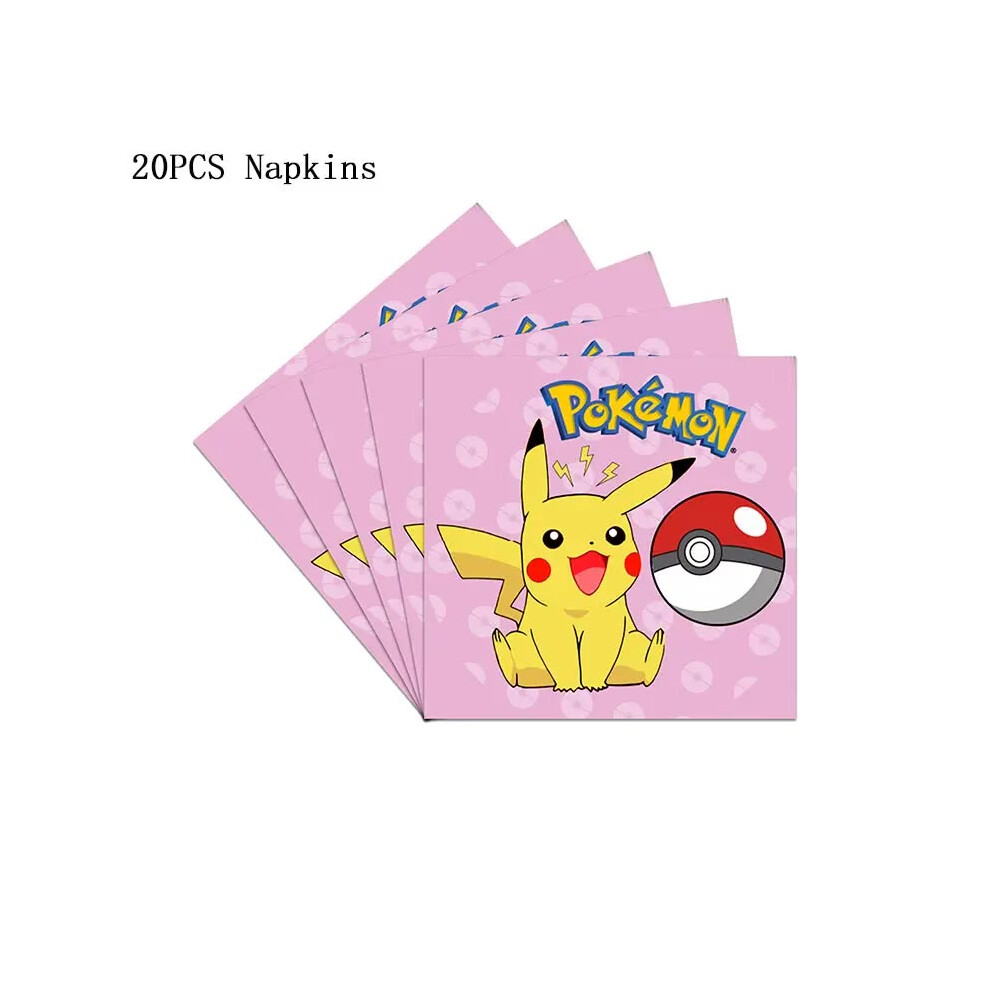 (20pcs napkins-2, 12INCH) Pokemon Theme Birthday Party Decoration Supplies Cartoon Pokemon Go Tableware Cups Plates Pikachu Balloon For Baby Shower Favor
