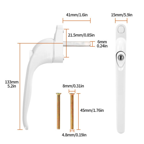 10 x Universal Espag Window Handle, White 41mm, Lockable with Key 1