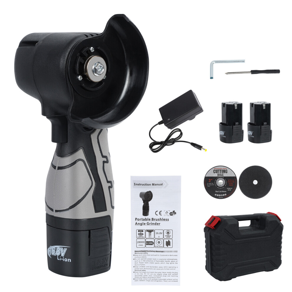 16.8V Cordless Mini Angle Grinder, 550W Electric Brushless Hand Grinder Power Tool (with 2 Batteries, 1 Charger)