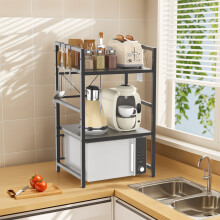 3-Tier Adjustable Microwave Oven Rack Free-Standing Kitchen Shelf with 6 Hooks, 40-60cm Extendable, Heavy-Duty Carbon Steel