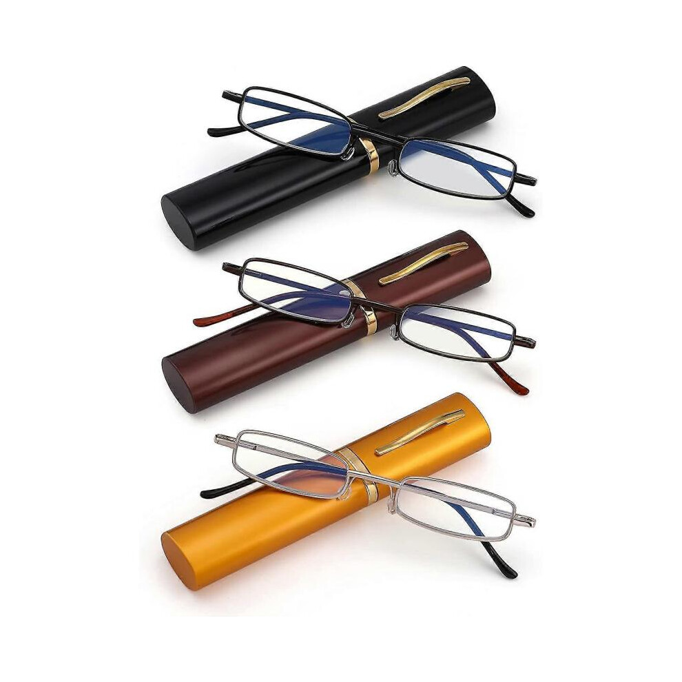 (300 Diopters) 3 Pack Slim Pocket Reading Glasses For Men Women Blue Light Blocking Compact Readers Spring Hinge Metal Frame Eyeglasses With Portable