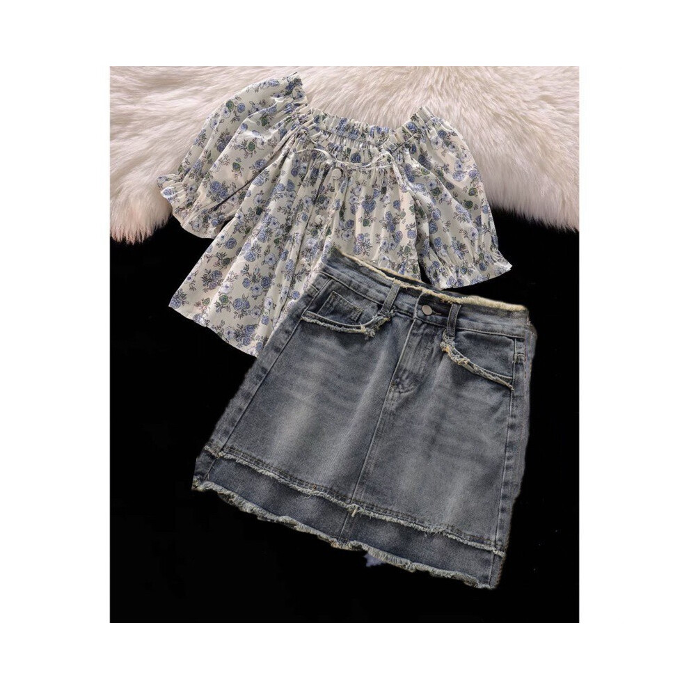 (StyleA,120)Jupe en jean taille haute à la mode et haut à fleurs pour filles de huit ans et plus