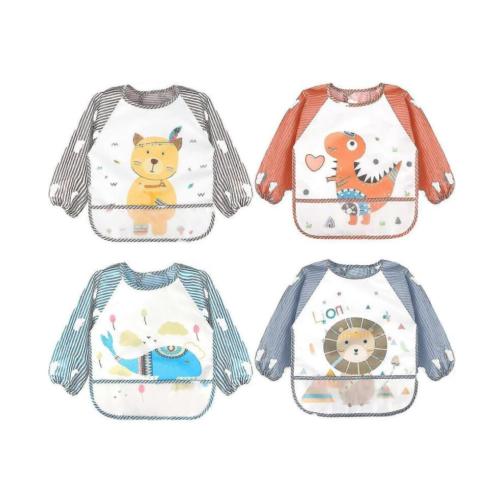 (Closure-6-36 months, 4pcs-Bear-Dinosaur-Whale-Lion) 5 Pack Long Sleeve Baby Bibs, Waterproof Sleeved Bib, Toddler Baby Bibs For 6-36 Months