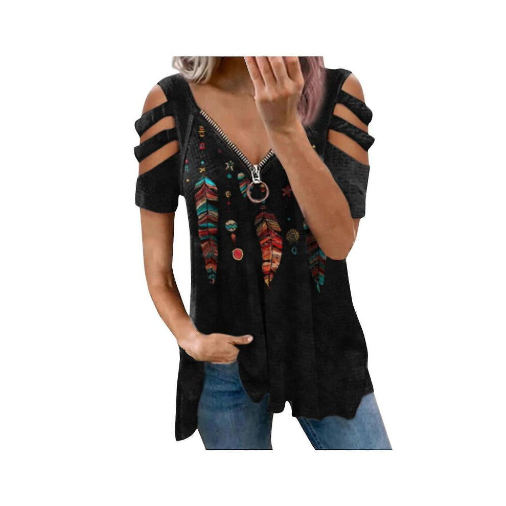 (L, Black) Women Summer Tops V-neck Zipper Cool T-shirt Strapless Short Sleeve Loose Blouse