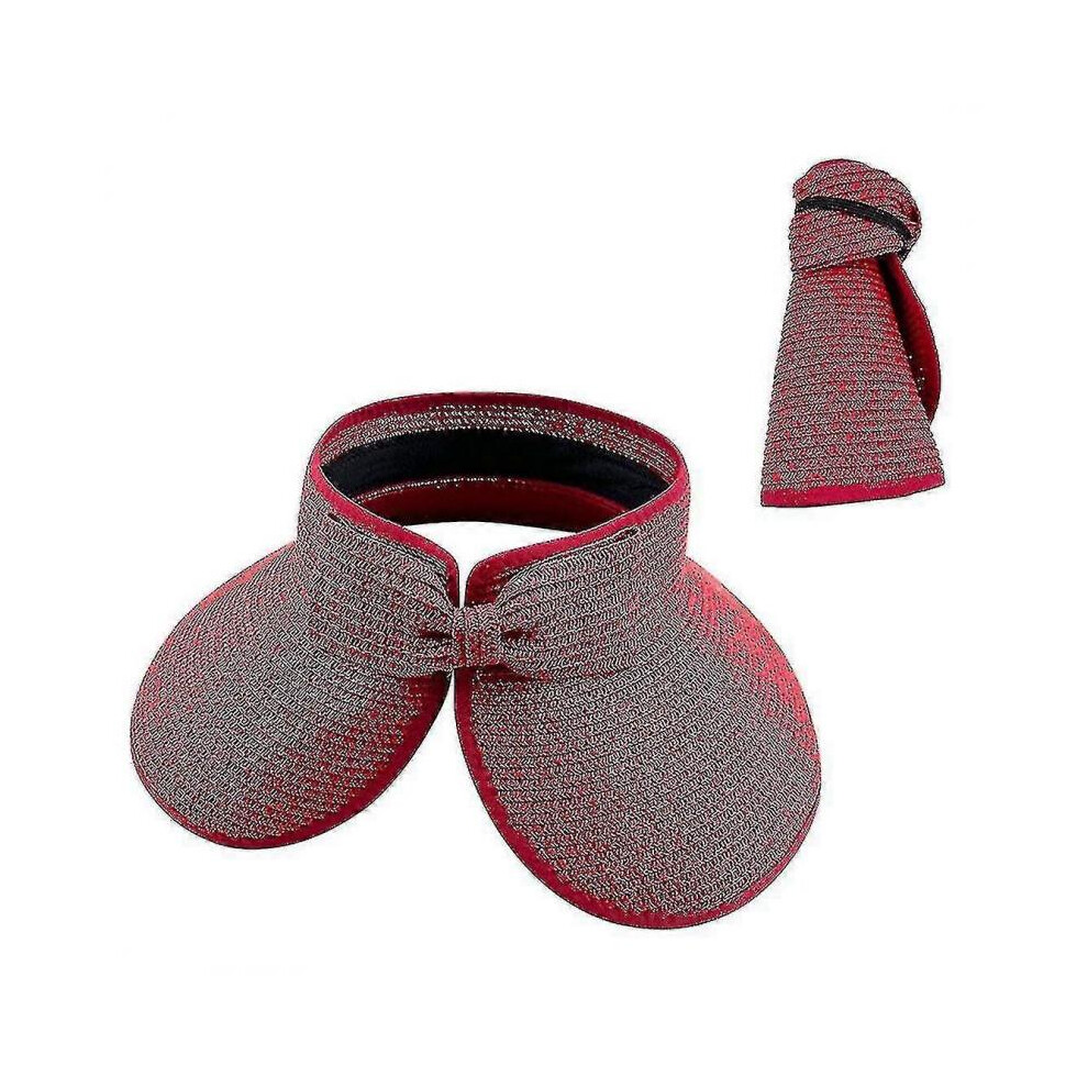 (red) Women Sun Visors Foldable Straw Hats Summer Beach Packable Hat Floppy Wide Brim Cap Deep Style, Adjustable Size
