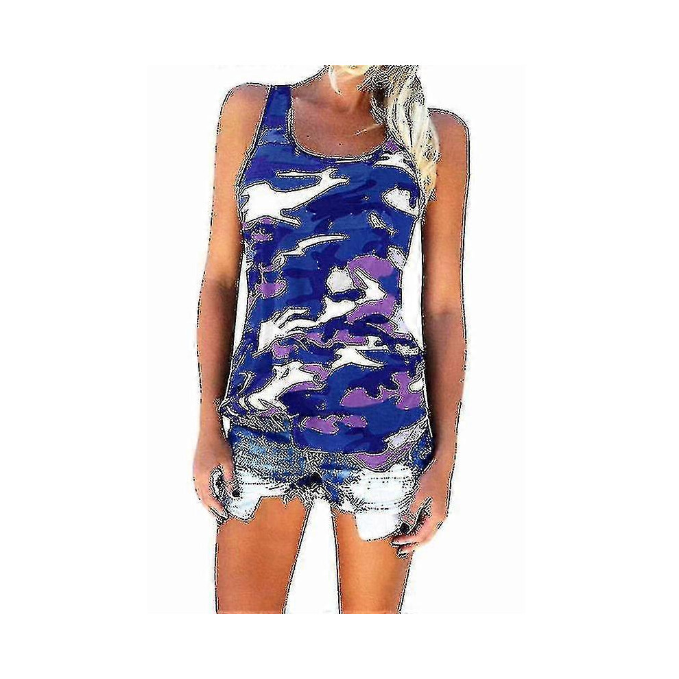 (S, Blue) Women Camouflage Tank Tops Sleeveless T-shirt Sport Vest Tops