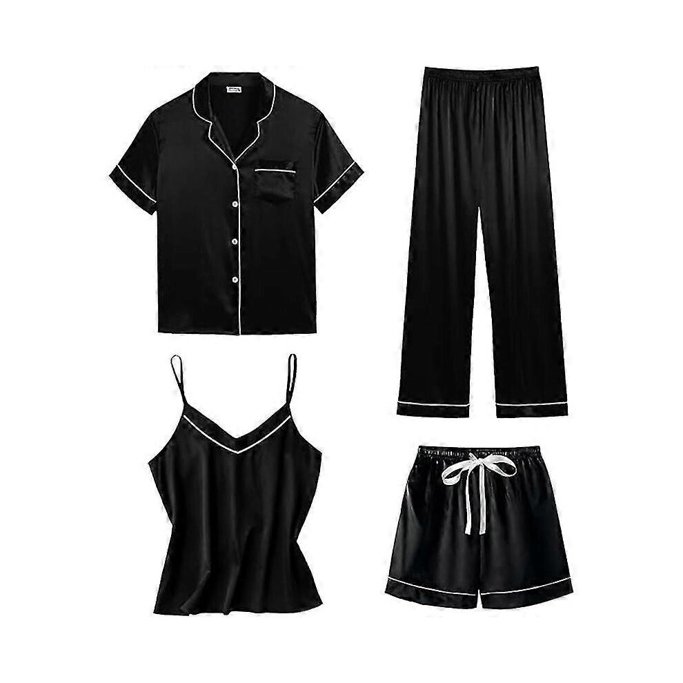 (3XL, Black) Womens 4pcs Pajamas Sets Silk Satin Sleepwear Sexy Pjs Loungewear