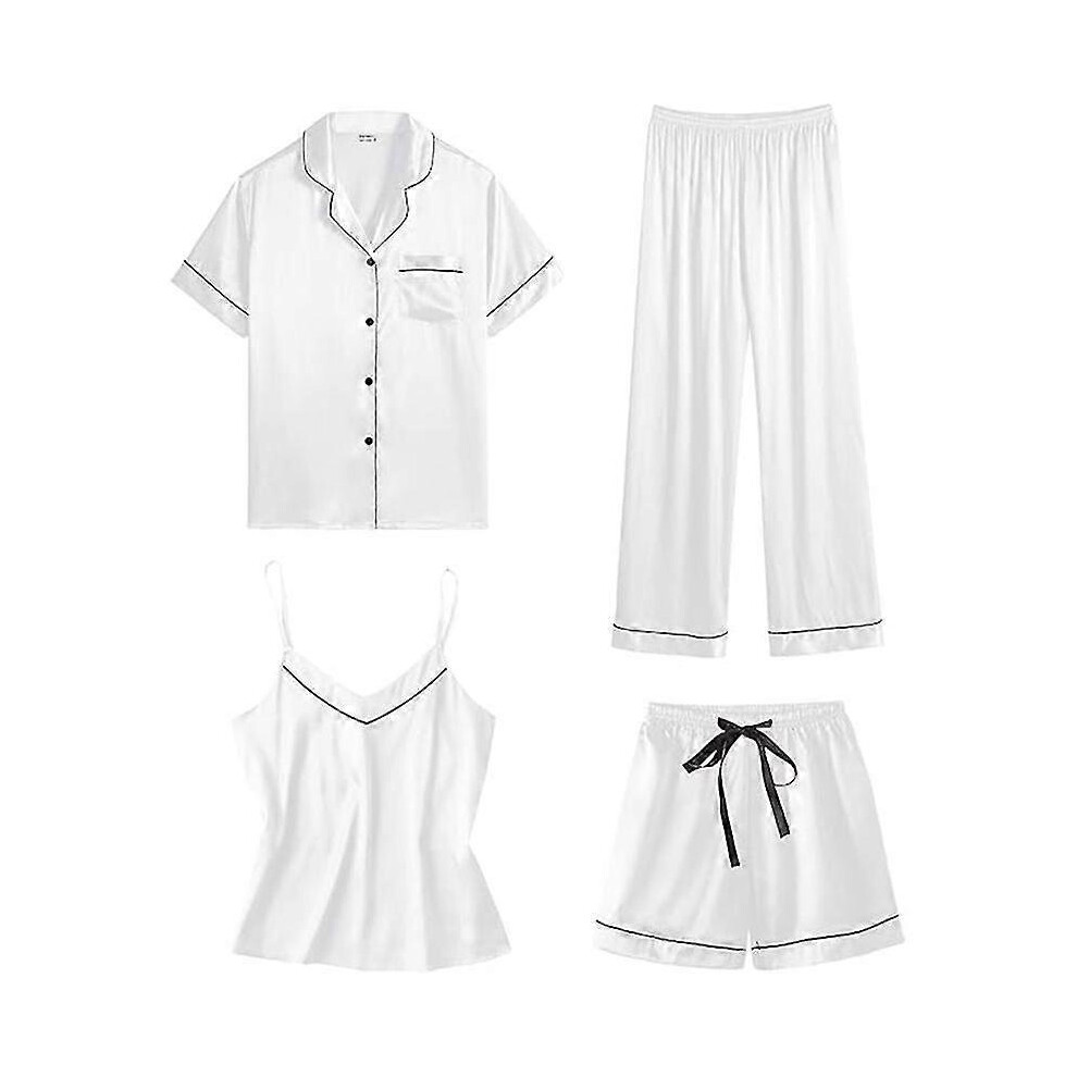 (S, White) Womens 4pcs Pajamas Sets Silk Satin Sleepwear Sexy Pjs Loungewear