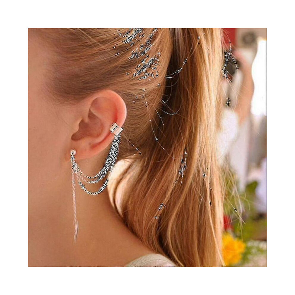 Single Ear Clip Metal Leaf Tassel Ear Stud Earrings Jewelry