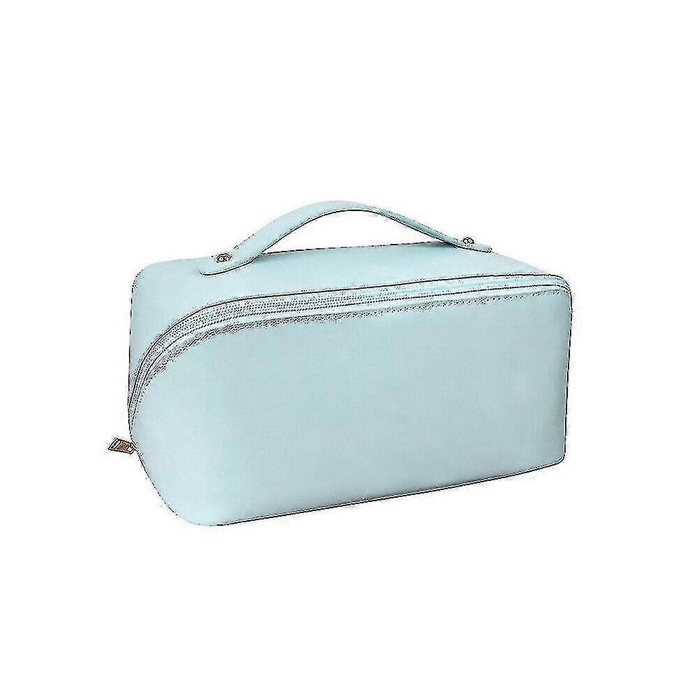 (Blue) Large-capacity Travel Cosmetic Bag Organizer Makeup With Brushes Slots Dividers