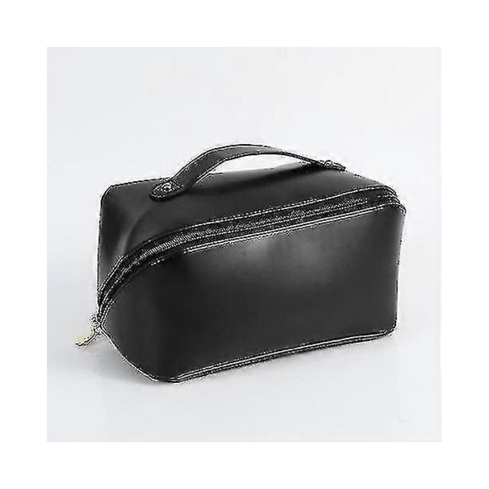 (Black) Large-capacity Travel Cosmetic Bag Organizer Makeup With Brushes Slots Dividers
