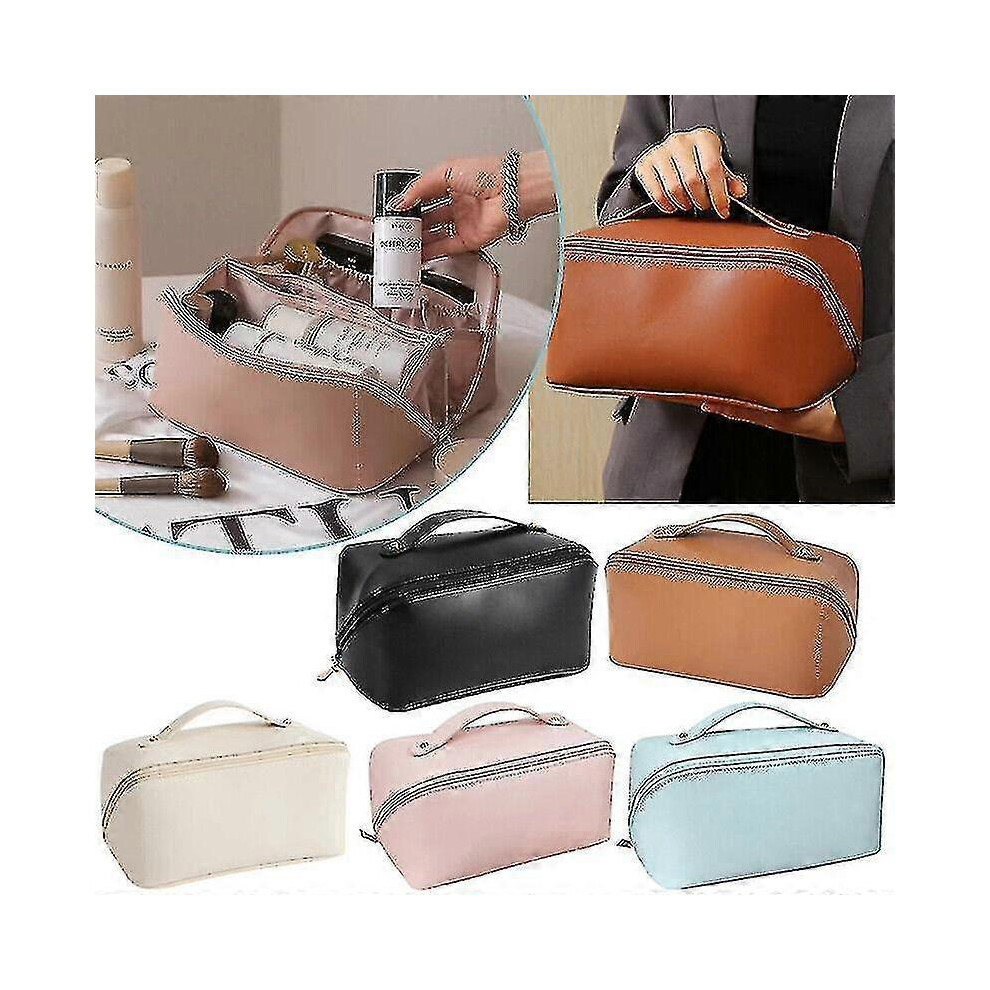 (Coffee) Large-capacity Travel Cosmetic Bag Organizer Makeup With Brushes Slots Dividers