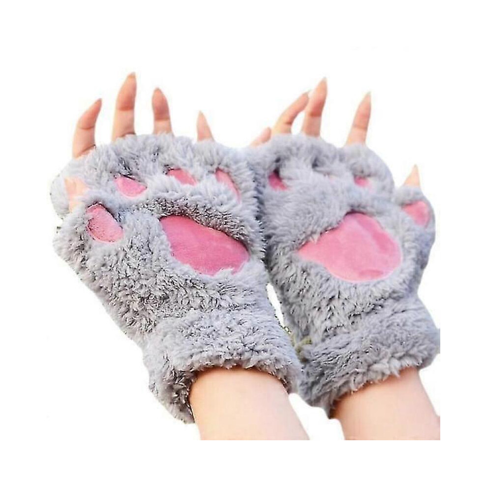 Cute Cat Kitten Paws Plush Faux Fur Fingerless Gloves for Girls Women (grey)