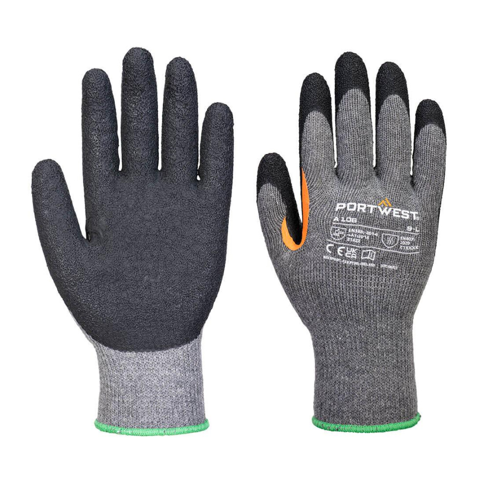 (L, Grey/Black) Portwest Unisex Adult Reinforced Thumb Crotch Latex Gripped Glove (Pack of 12)