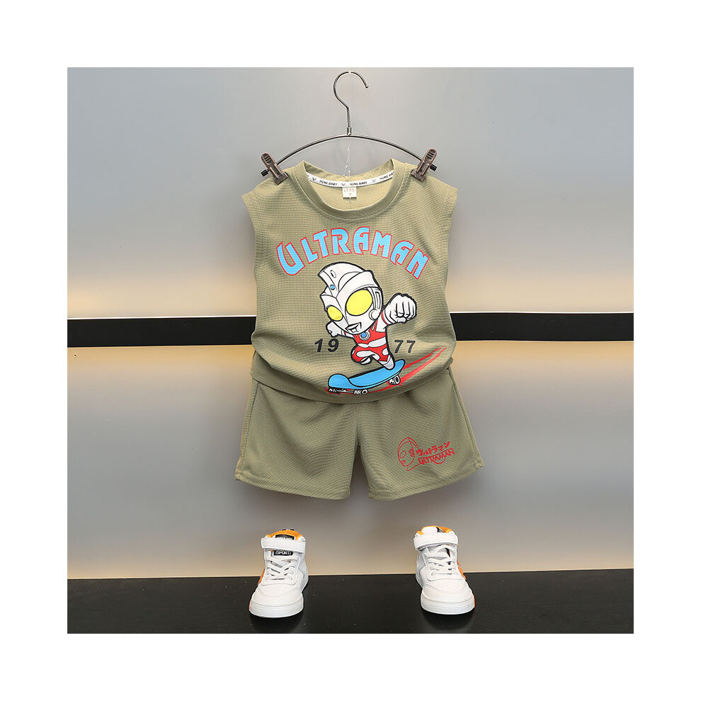 (Brown,100cm)Ensemble vêtements été garçon polyvalent avec gilet coton sans manches et short léger disponible en vert et marron pour enfant T 3