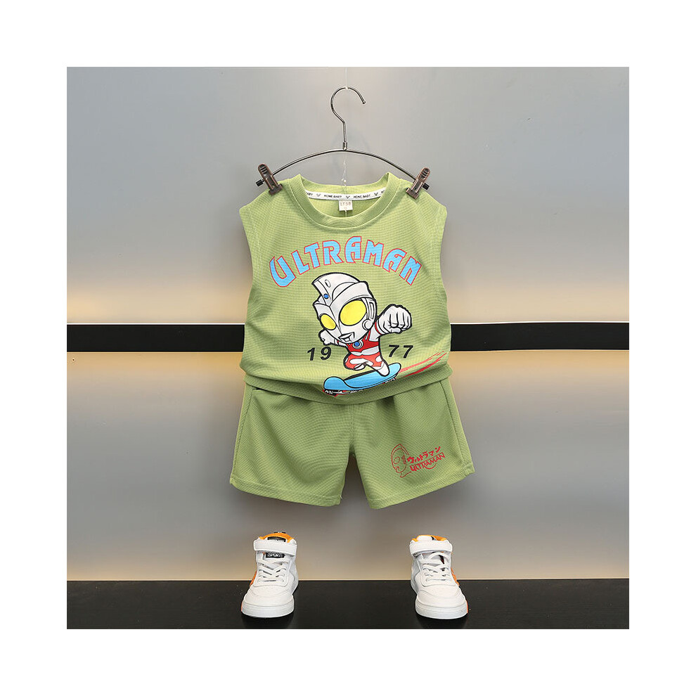 (Green,140cm)Ensemble vêtements été garçon polyvalent avec gilet coton sans manches et short léger disponible en vert et marron pour enfant T 3