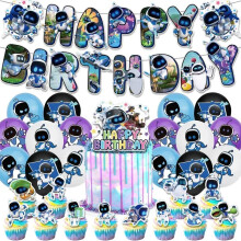 (1 Set, Other) Astro Bot Theme Party Decoration Robot Latex Balloon Banner Boys Game Background Cake Topper Astronaut Tableware Party Supplies