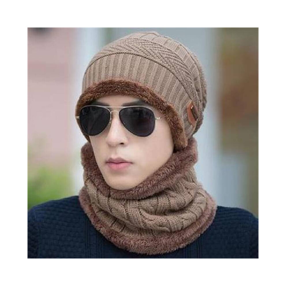 (Khaki)Ensemble bonnet et écharpe homme hiver bonnet chaud polaire tricoté bonnet couple unisexe