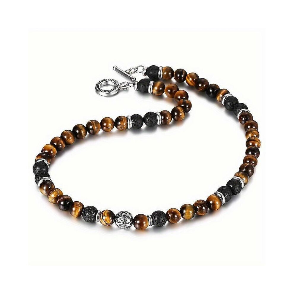 (C 01) Men's 8mm Natural Tiger Eye Lava Bead Necklace Stainless Steel Toggle 18 Inch