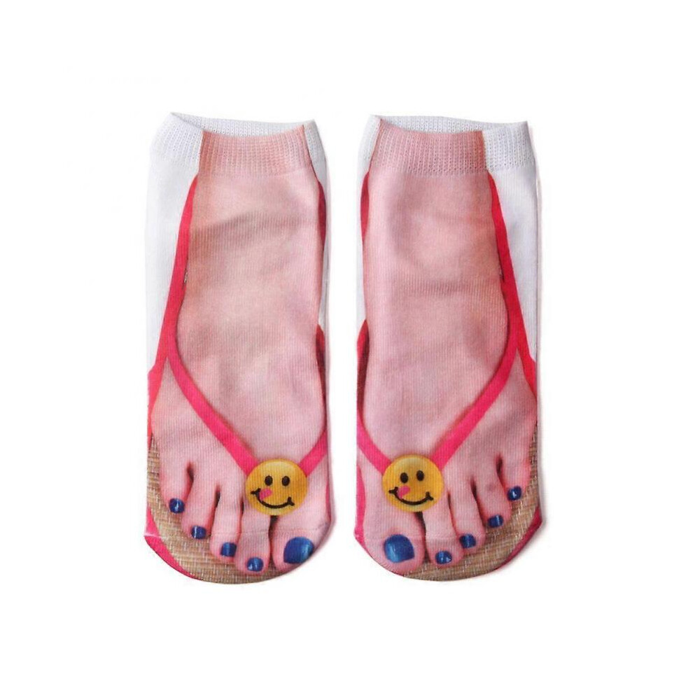 (red smiley face) 3D Pattern Manicure Print Socks Flip Flop Funny Hidden Running Socks Women