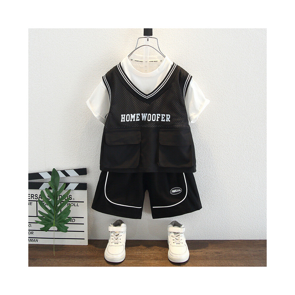 (StyleG)Ensemble de sport d'été léger garçon noir coton manches courtes haut avec short assorti pour enfant