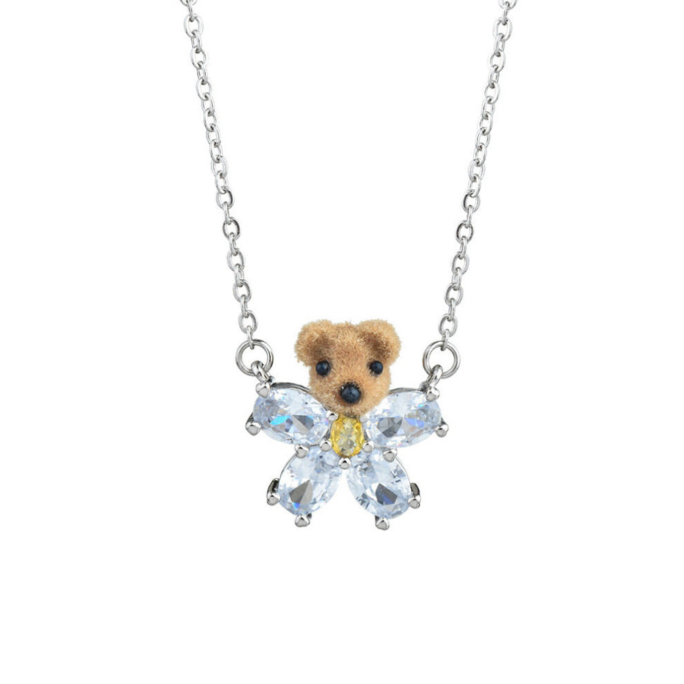 (Flocked Bear Necklace)Ensemble collier et bague ours velours haut de gamme avec détails pierres précieuses étincelantes femmes pour