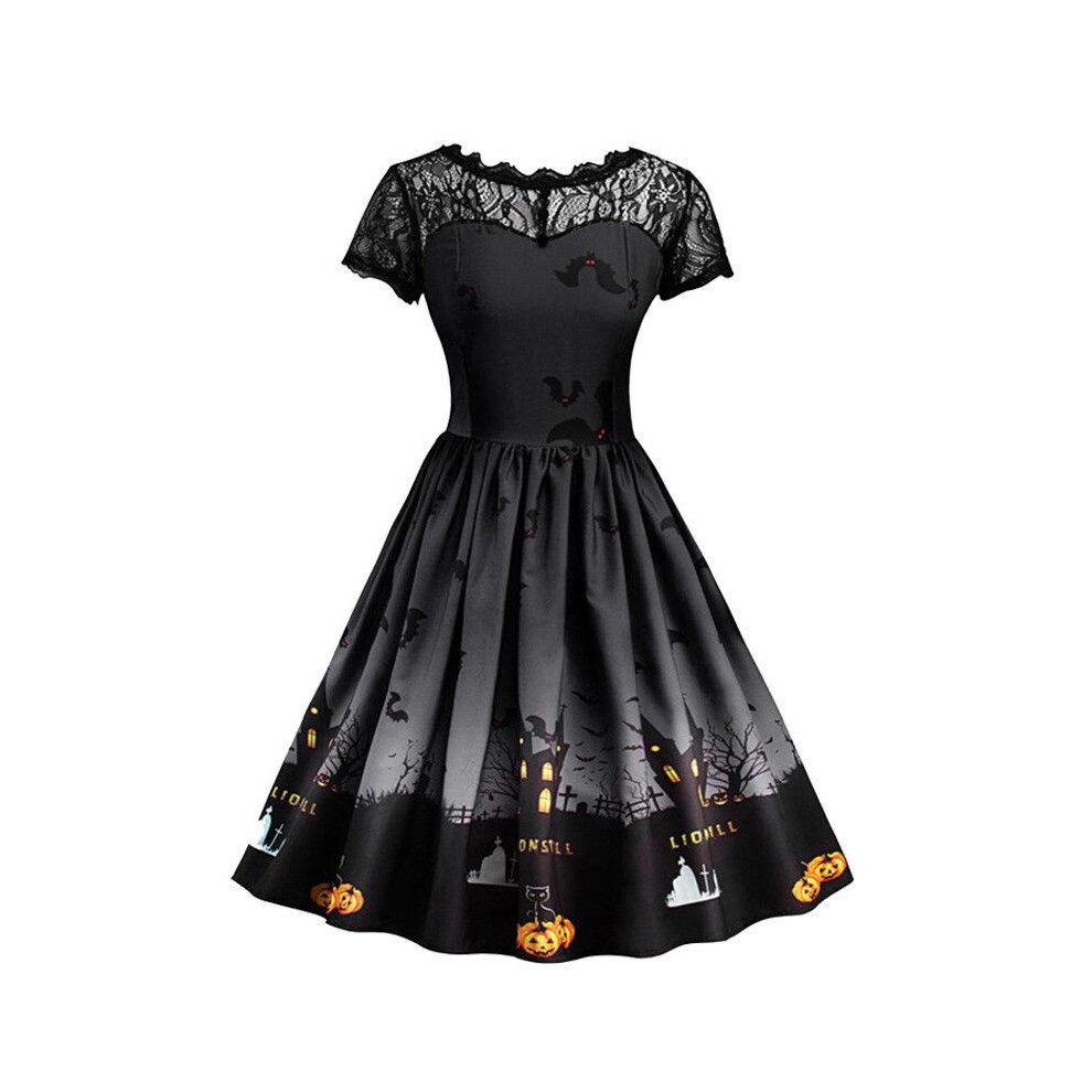 (Black, Tag S=US XXS) Women Short Sleeve Halloween Retro Lace Vintage Dress A Line Pumpkin Dress Swing-image-OPC-PGZG7BT-NEW
