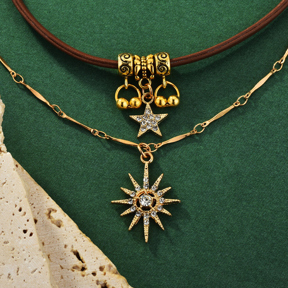 Collier ras du cou accrocheur style vintage floral et étoile pour femme en couches deux