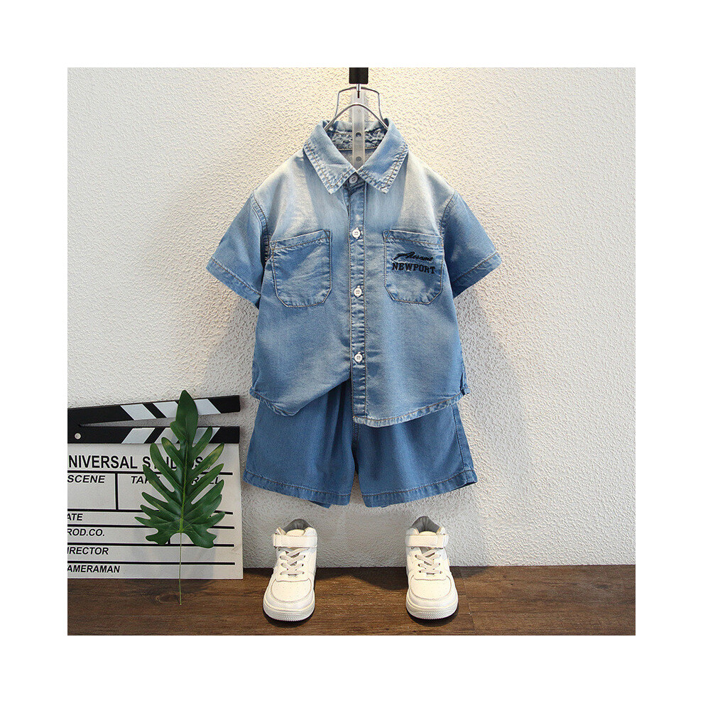 (StyleF)Adorable ensemble jean été garçon mode manches courtes chemise et short combo
