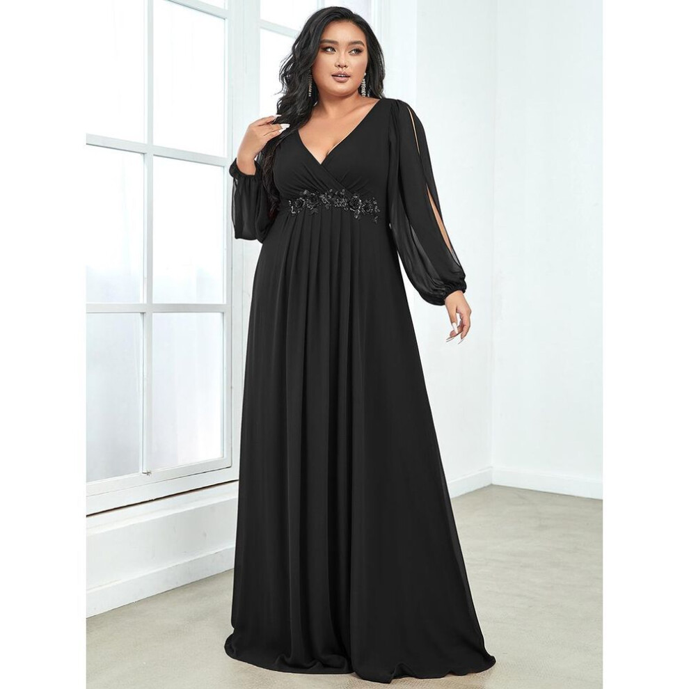 (black, 9XL) Ever-pretty Women&apos;s V-neck A-line Chiffon Plus Size Evening Dresses With Long Lantern Sleeves
