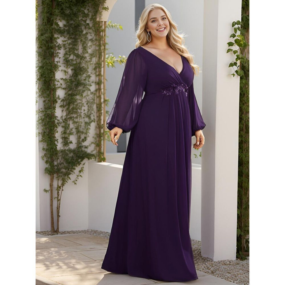 (dark purple, 5XL) Ever-pretty Women&apos;s V-neck A-line Chiffon Plus Size Evening Dresses With Long Lantern Sleeves