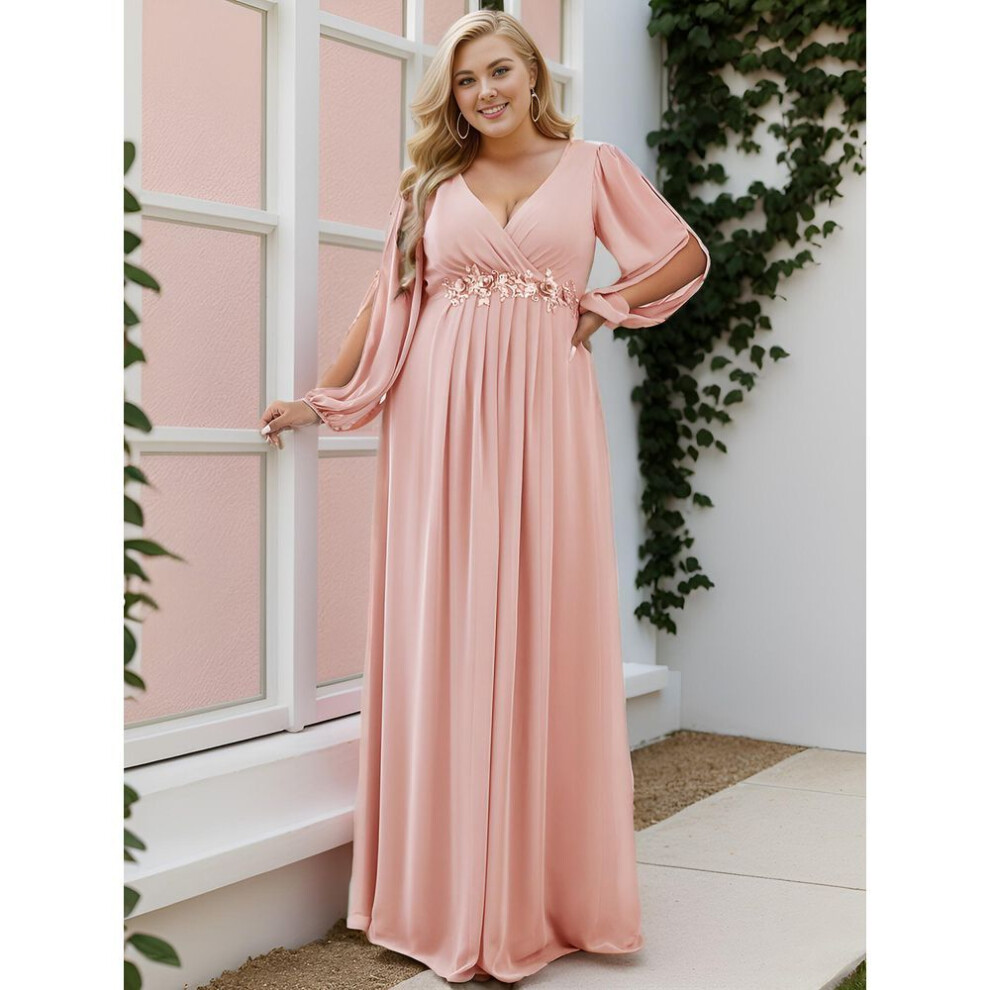 (pink, 5XL) Ever-pretty Women&apos;s V-neck A-line Chiffon Plus Size Evening Dresses With Long Lantern Sleeves