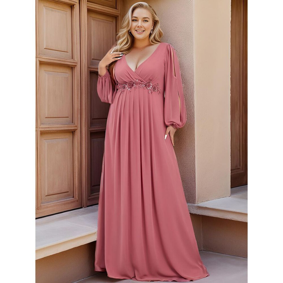 (cameo pink, 9XL) Ever-pretty Women&apos;s V-neck A-line Chiffon Plus Size Evening Dresses With Long Lantern Sleeves